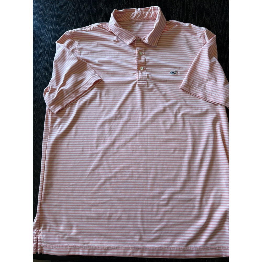 Vineyard Vines Mens Sankaty Performance Polo Shirt Pink White Stripe Whale L